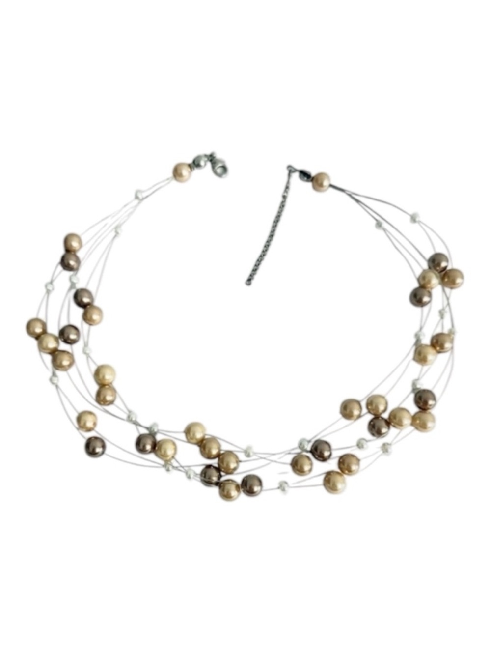 Floating Mixed Pearl Collar Necklace Triple Silver Wire Cream Tan White